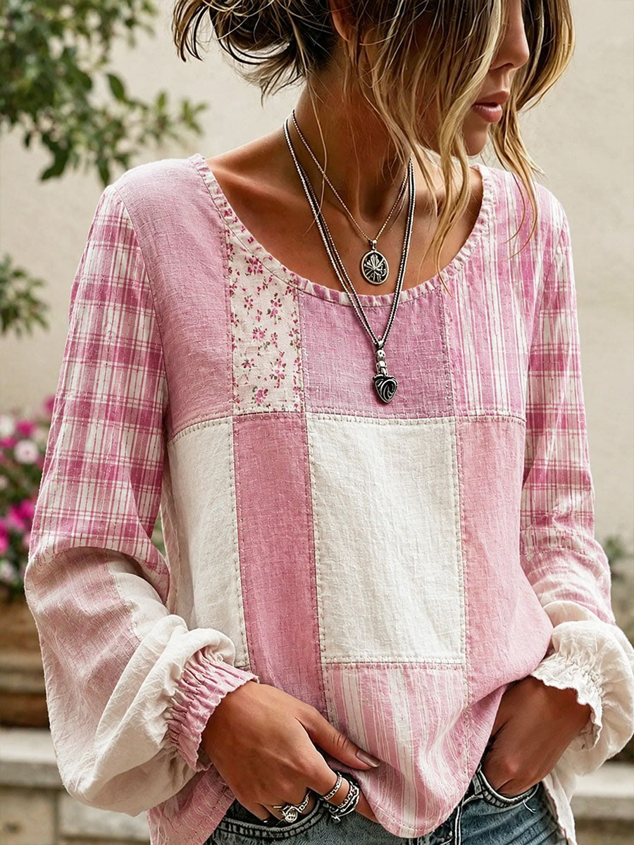 Women's Pink Floral Patchwork Art Cotton Linen Shirt