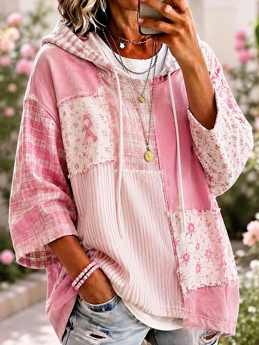Women's Pink Floral Patchwork Art Hoodie