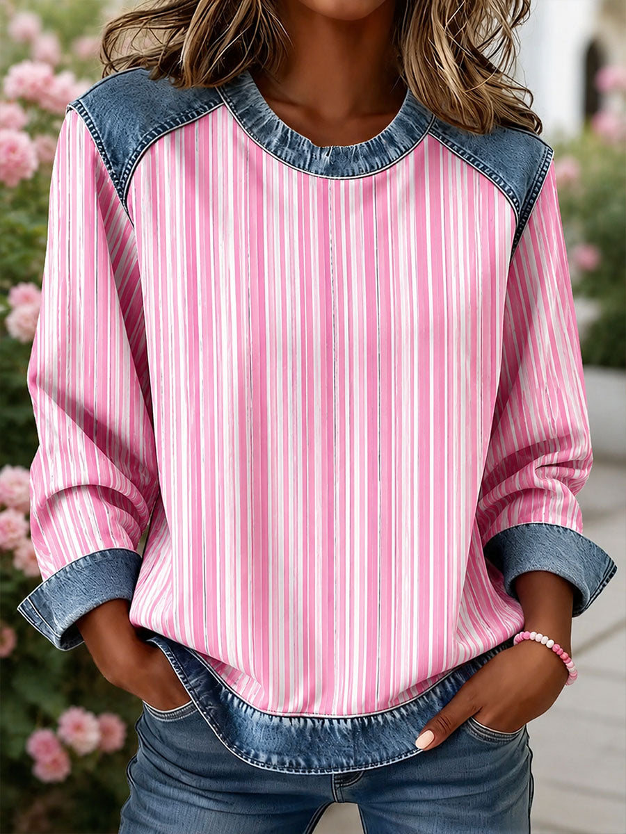Women's Striped Print Denim Patchwork Top