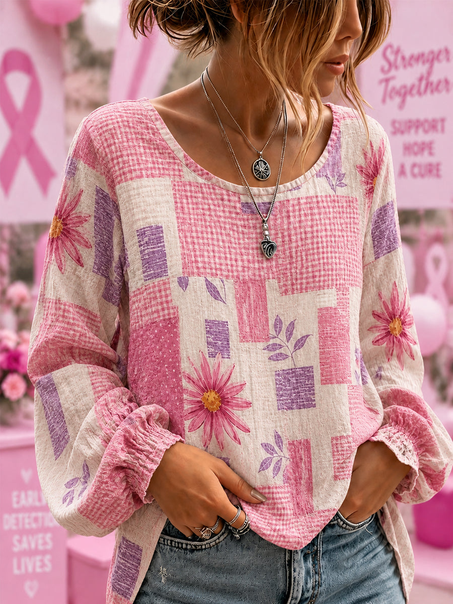 Women's Breast Cancer Awareness Support Flowers Pink Ribbon Cotton-Linen Shirt