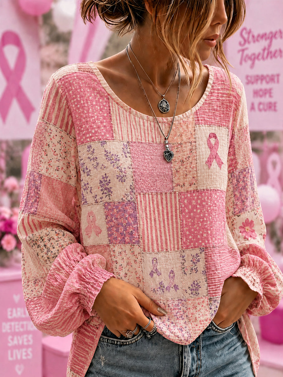 Women's Breast Cancer Awareness Support Flowers Pink Ribbon Cotton-Linen Shirt