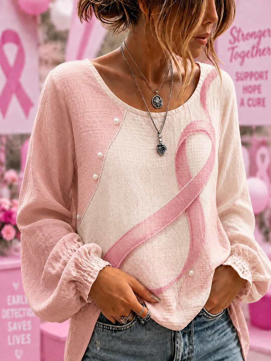 Women's Breast Cancer Awareness Support Ribbon Cotton-Linen Shirt