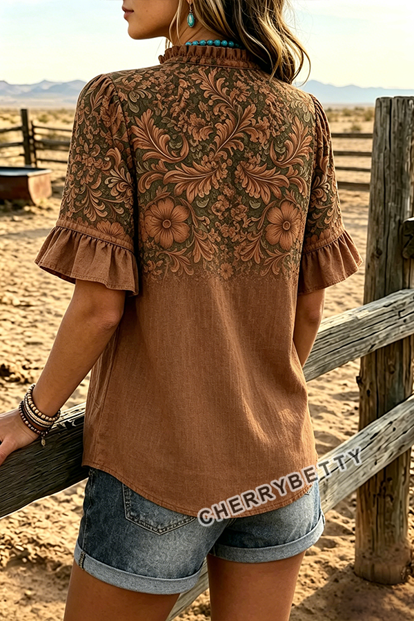 Vintage Floral Print V-Neck Ruffle Sleeve Blouse