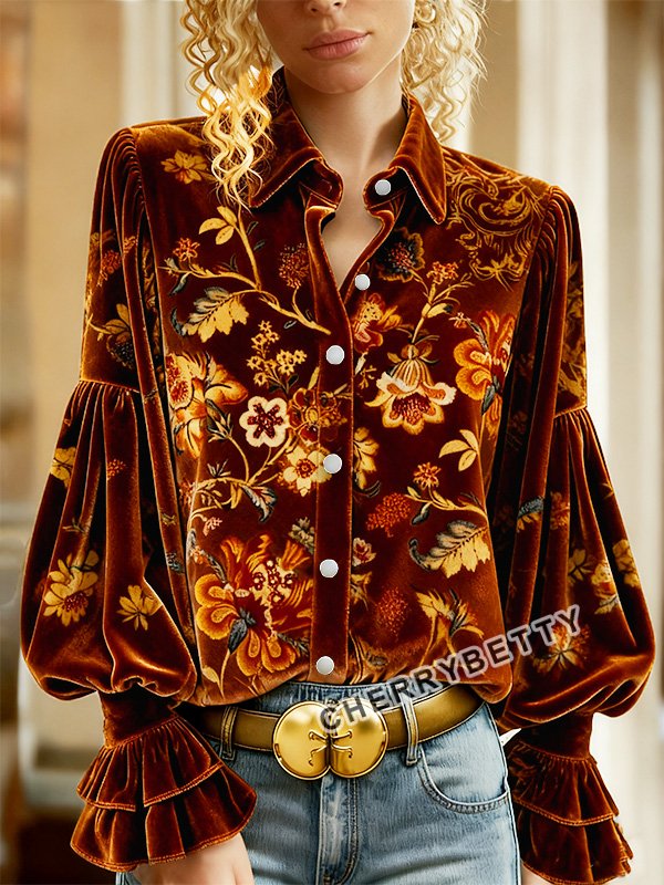 Vintage Floral Print Lantern Sleeve Velvet Top