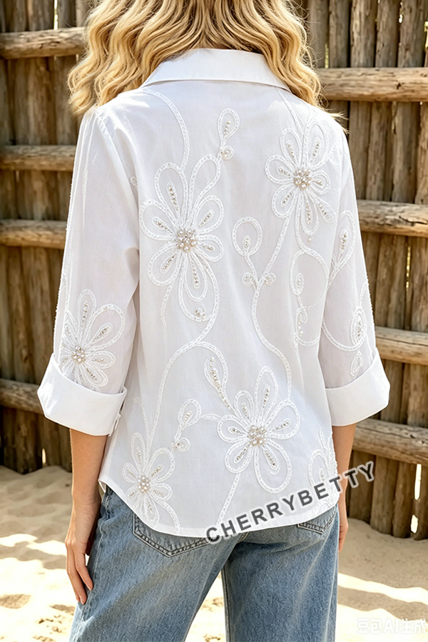 Feminine Flower Embroidered Collared Three Quater Sleeve Blouse