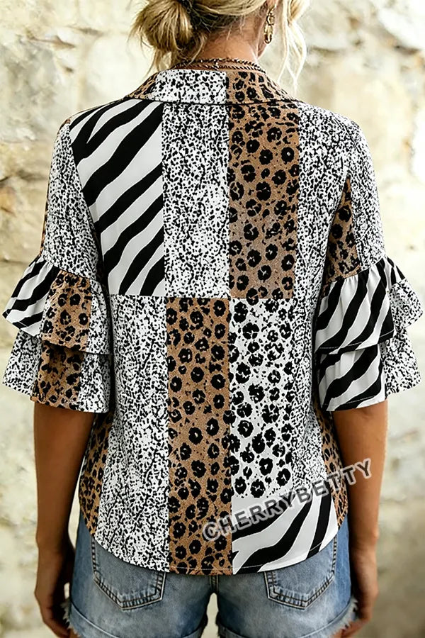 Vintage Mixed Animal Print Layered Ruffle Sleeve Top
