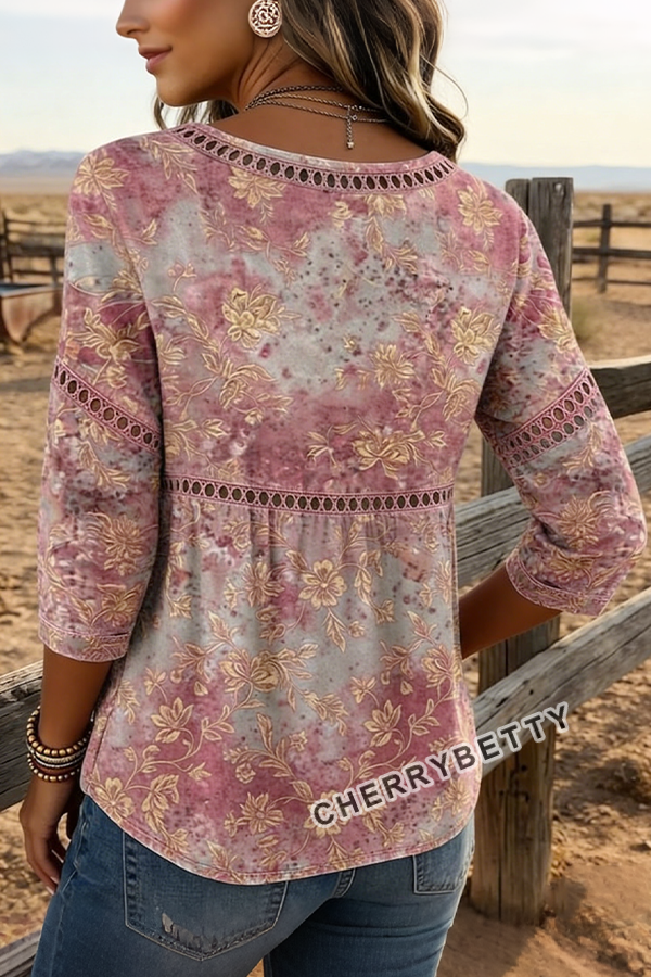 Vintage Floral Print Hollow Out Top