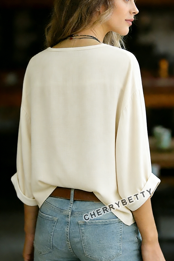 Vintage Floral Embroidered Notch Neck Half Sleeve Blouse
