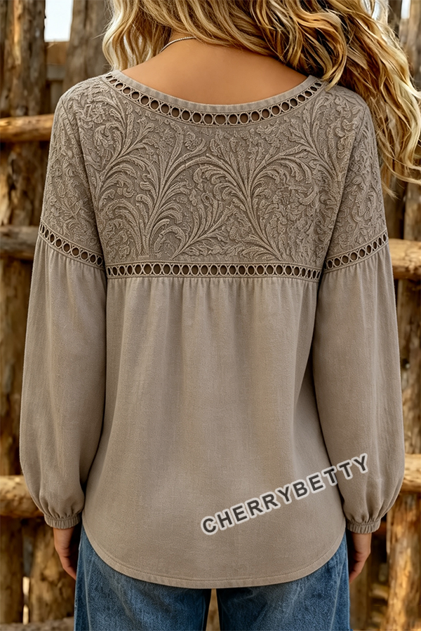 Vintage Floral Print Hollow Out Long Sleeve Top