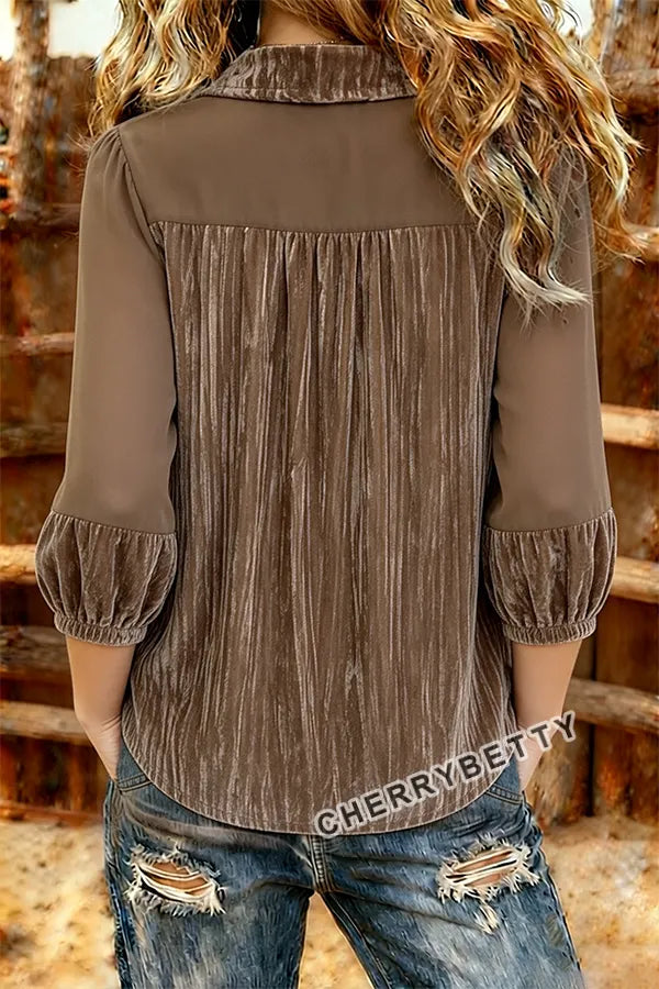 Solid Collared Lace Patchwork Three Quarter Sleeve Velvet Blouse