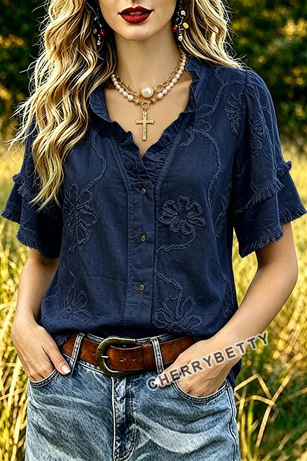 Vintage Flower Embroidered Ruffle Neck Frayed Hem Top