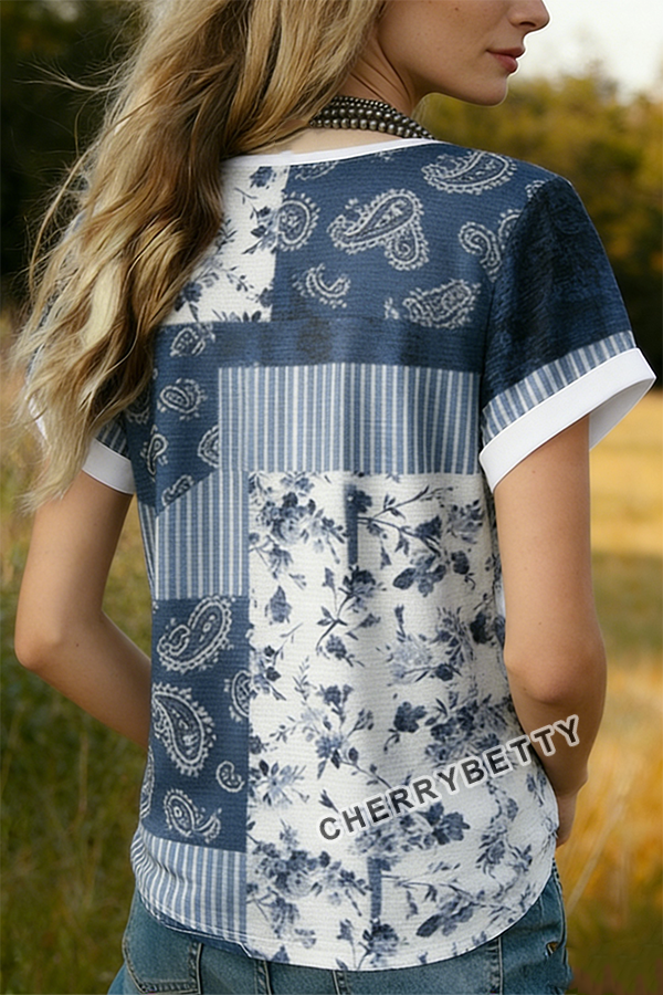 Retro Mixed Floral Patch Round Neck T-Shirt