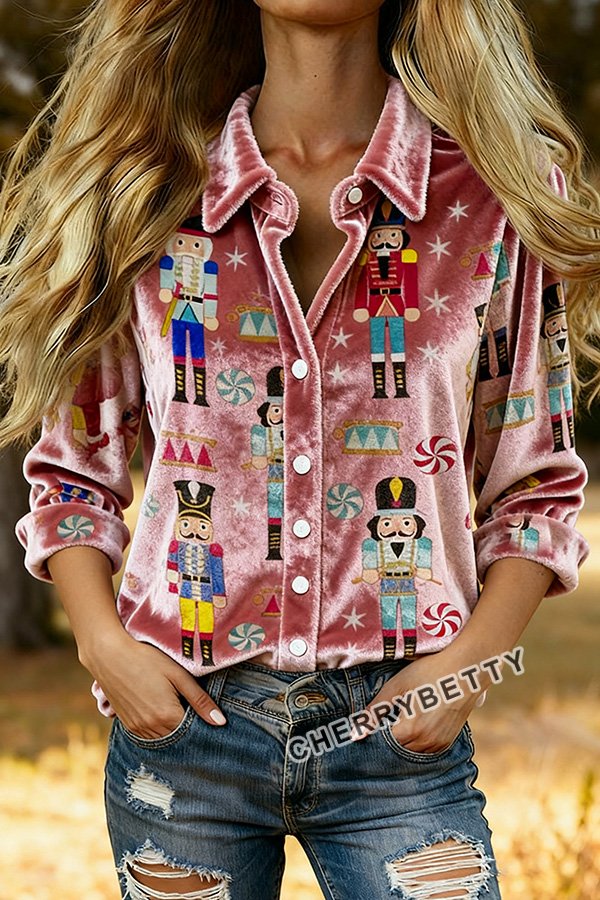 Christmas Nutcracker Print Print Collared Velvet Top