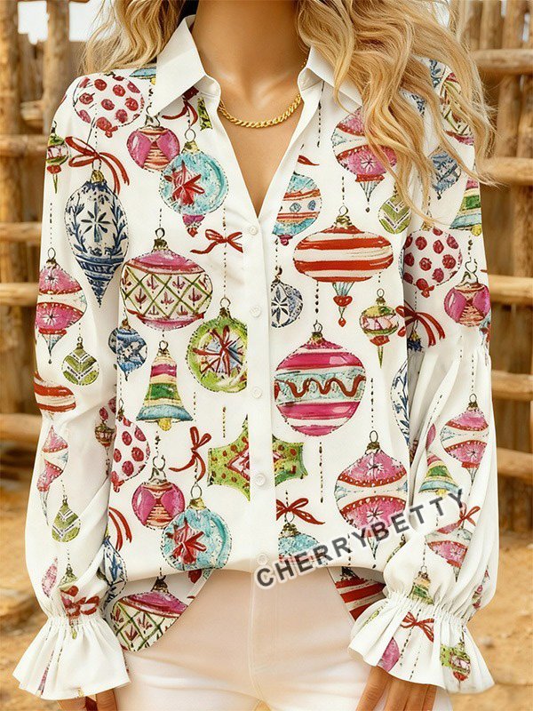 Christmas Ornaments Print Print Collared Puff Sleeve Top