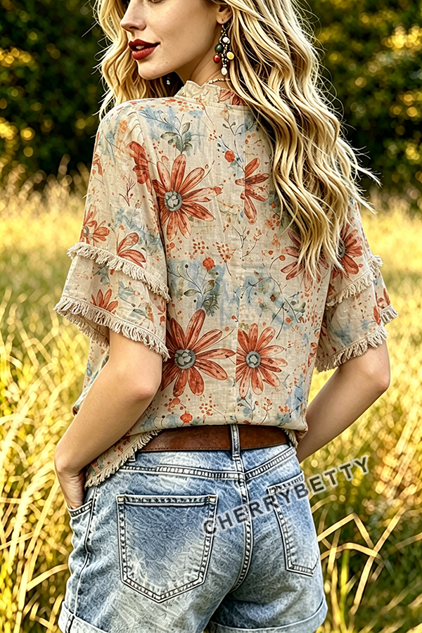 Vintage Floral Print Ruffle Neck Frayed Hem Top