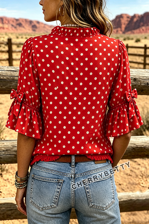 Chic Polka Dot Print Ruffle Neck Bow Decor Half Sleeve Blouse