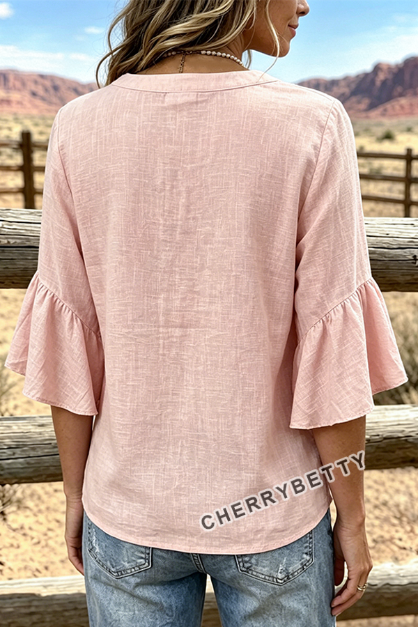 Femine Flower Embroidered Ruffle Sleeve Cotton Top