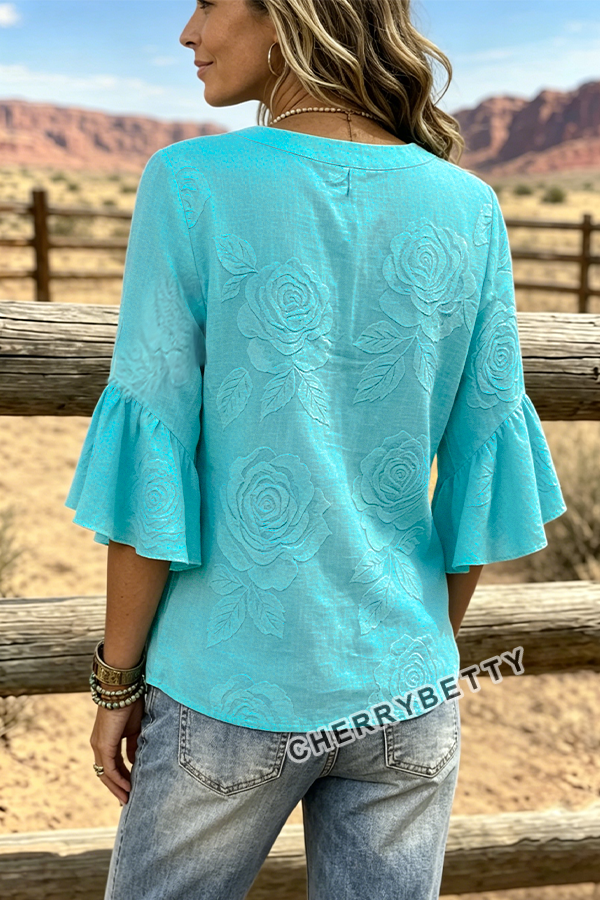 Chic Rose Textured Notch Neck Ruffle Sleeve Top
