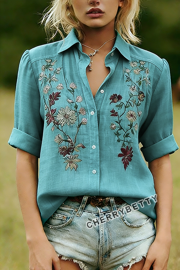 Vintage Floral Embroidered Collared Long Sleeve Blouse