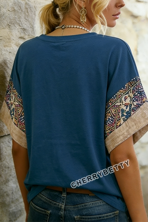 Boho American Flag Flower Embroidered V-Neck Cotton Top