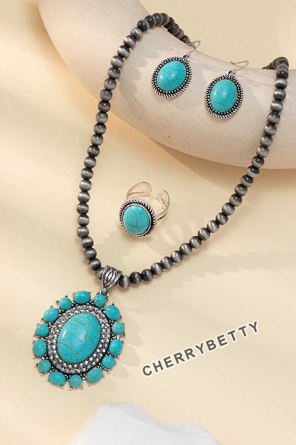 White Turquoise Necklace & Earrings & Rings Set