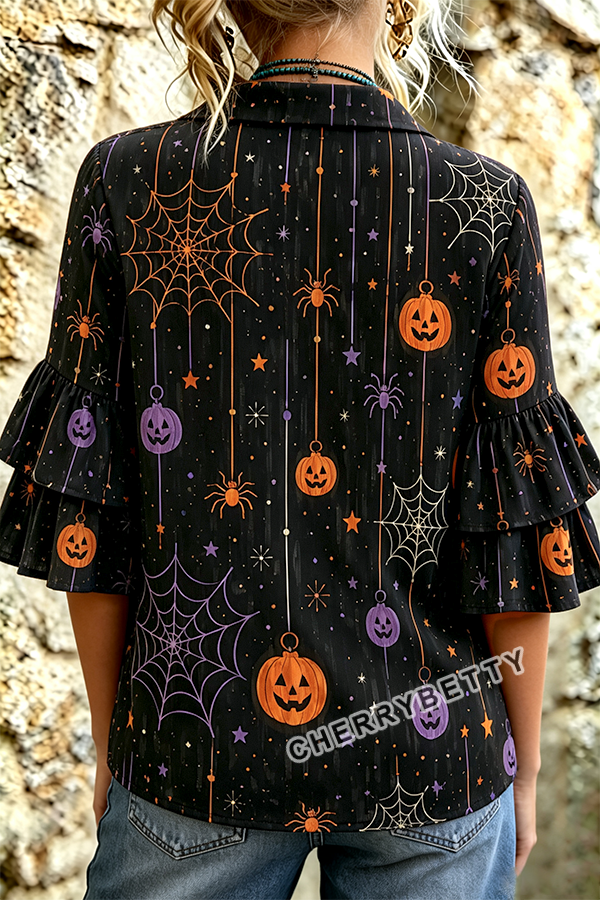 Western Halloween Pumpkin Spiderweb Tiered Ruffle Sleeve Button Down Blouse