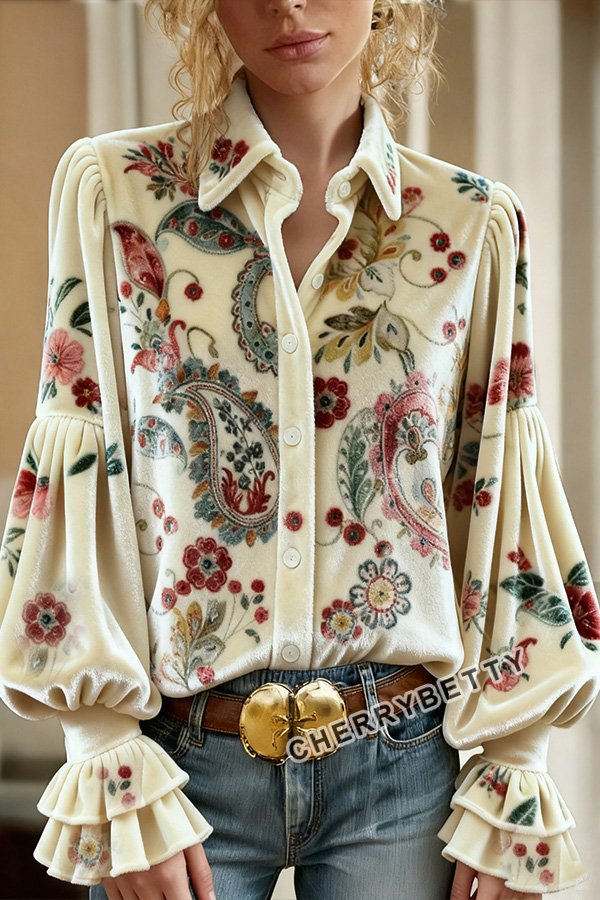Retro Paisley Print Lantern Sleeve Velvet Top