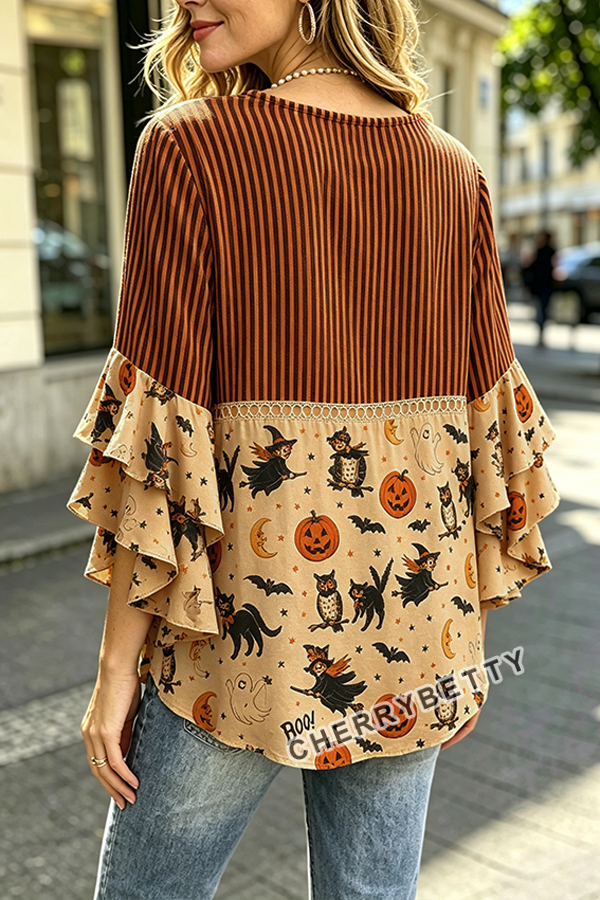 Funny Striped Halloween Print Ruffle Sleeve Hollow Out Top