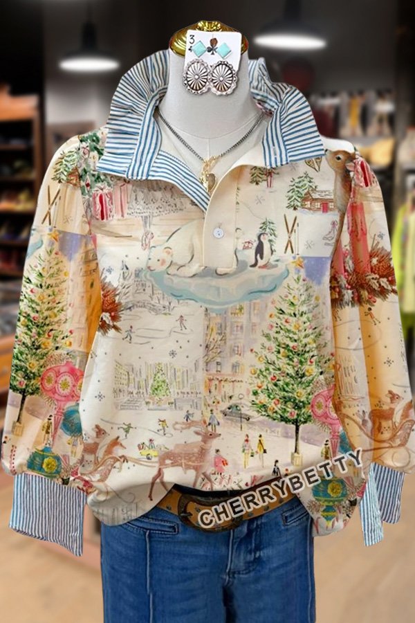 Mixed Christmas Print Striped Collar Top
