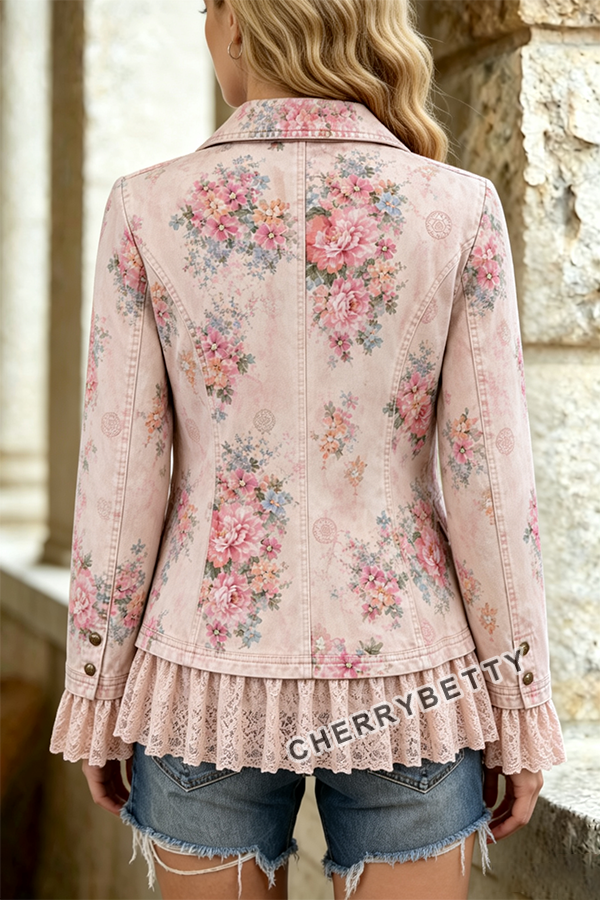Vintage Floral Print Lace Patch Denim Jacket