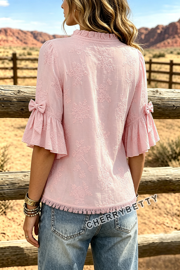 Elegant Flower Embroidered Bow Decor Half Sleeve Blouse