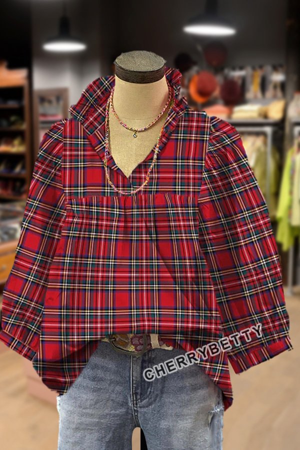 Plaid Ruffle V-Neck Bubble Sleeve Top