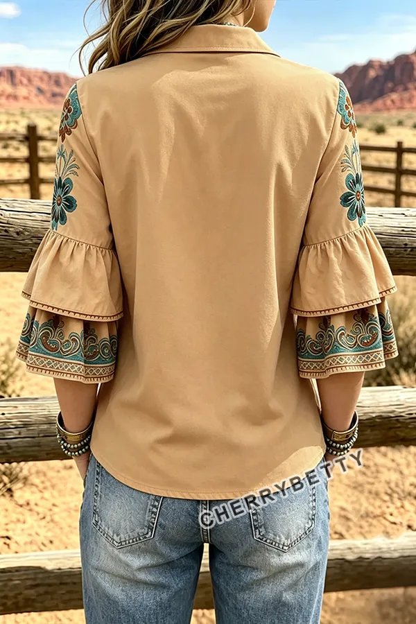 Retro Floral Print Collared Ruffle Sleeve Top