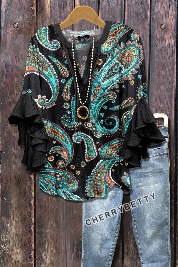 Chic Paisley Print Ruffle Sleeve Top