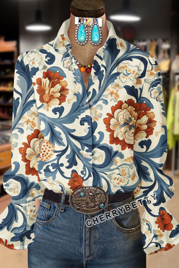 Retro Floral Print Long Sleeve Top