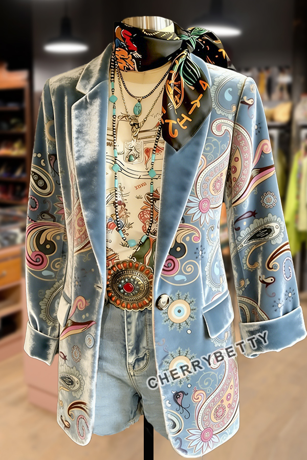 Retro Paisley Print Velvet Blazer