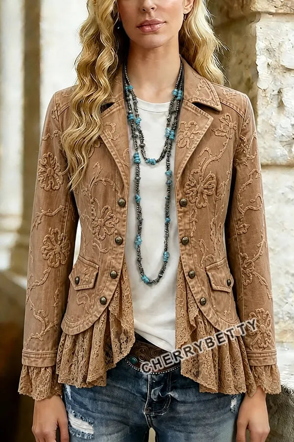 Elegant Flower Embroidered Lace Patch Cotton Jacket