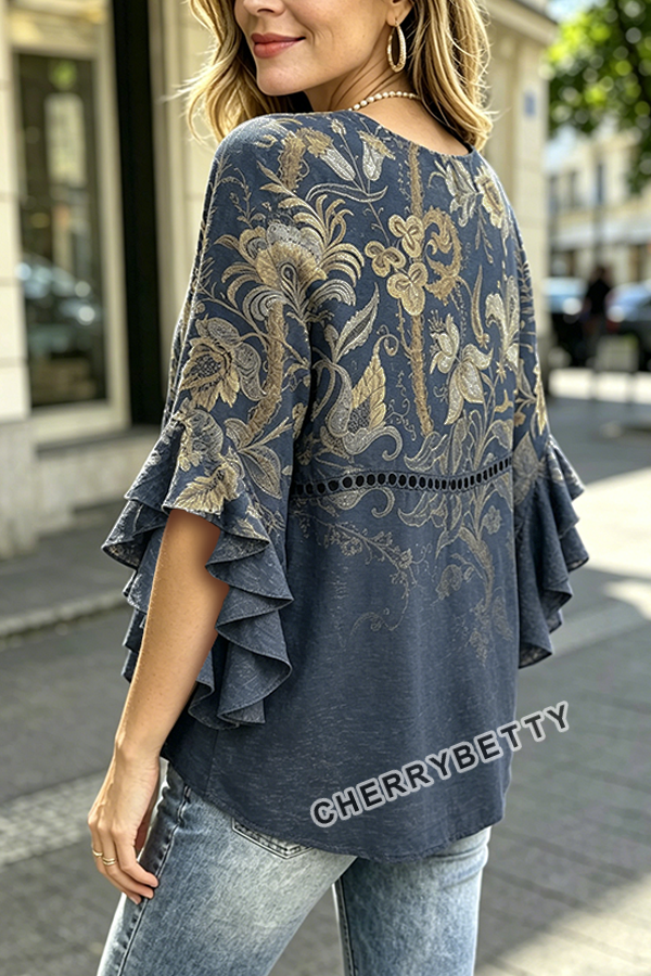 Vintage Floral Print Hollow Out Ruffle Sleeve Top