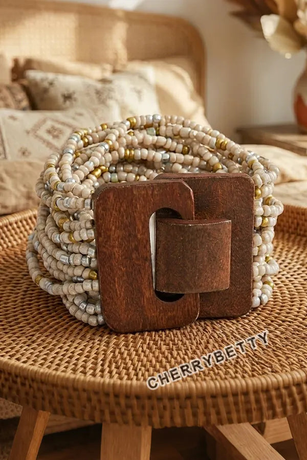 Boho Beaded Wooden Buckle Wide Bracelt