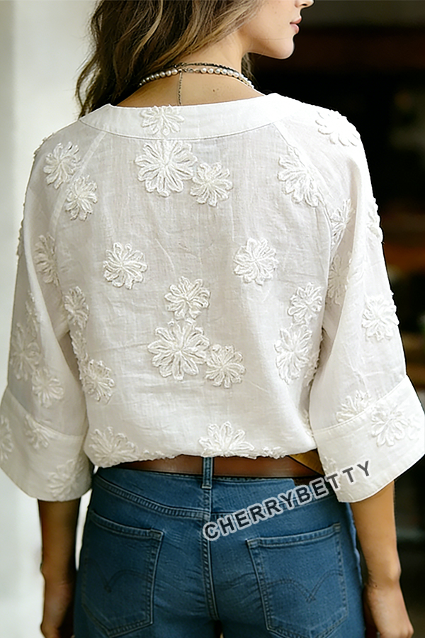 Boho Flower Embroidered V-Neck Half Sleeve Cotton Top
