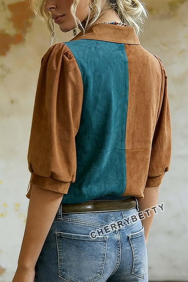Retro Flower Embroidered Collared Contrast Top