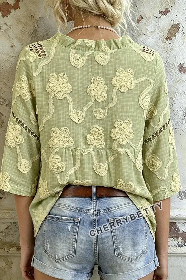 Vintage Floral Embroidered V-Neck Hollow Out Top