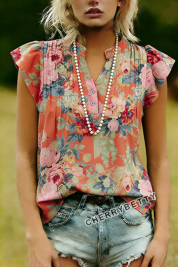 Retro Floral Print Flutter Sleeve Top