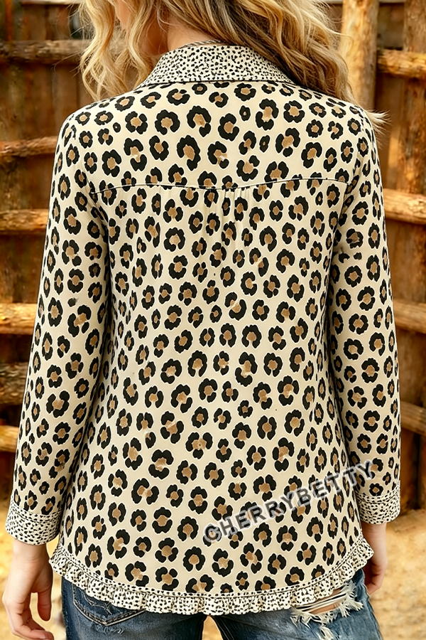 Leopard Collar Long Sleeve Ruffle Trim Shirt