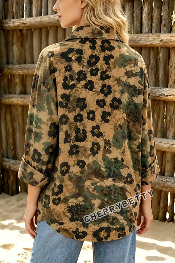 Vintage Leopard Camouflage Print Striped Collar Three Quater Sleeve Blouse