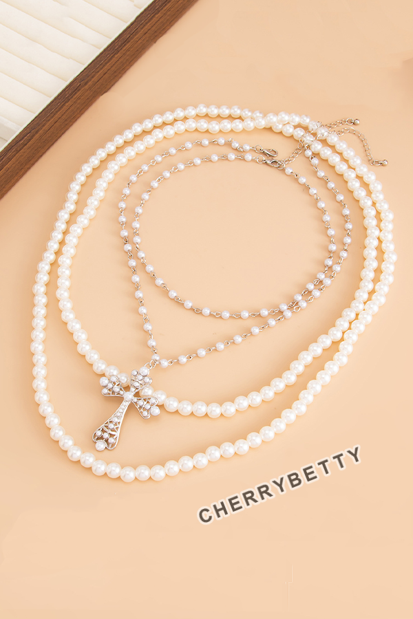 Fashion Beaded Cross Pendant Layered Necklace