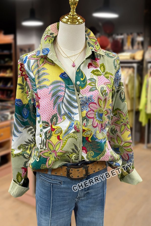 Multi Floral Print Collared Long Sleeve Blouse