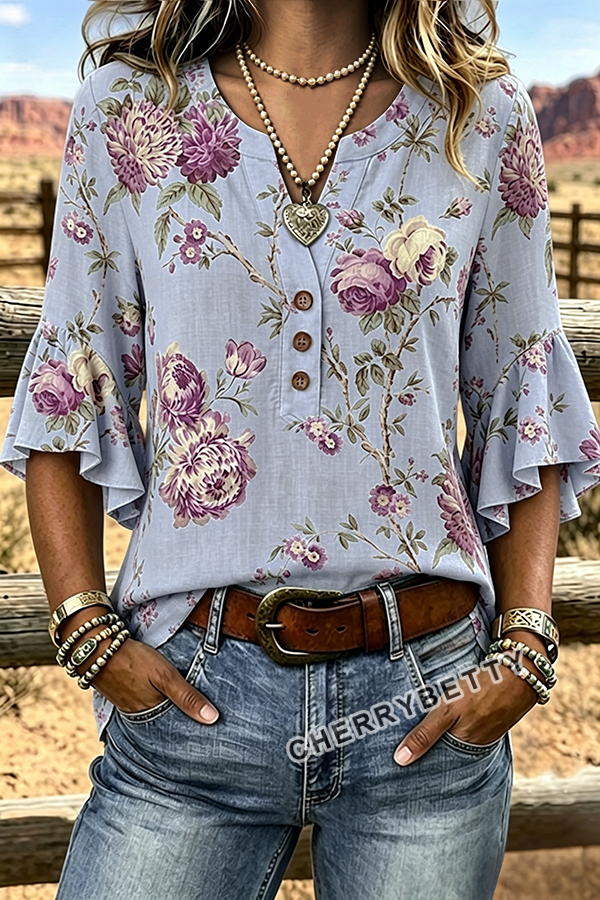 Vintage Floral Print Notch Neck Ruffle Sleeve Blouse