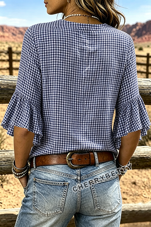 Classic Gingham Notch Neck Ruffle Sleeve Cotton Top