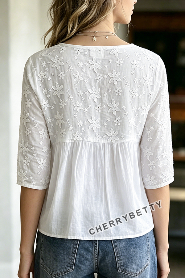 Vintage Floral Embroidered V-Neck Cotton Top